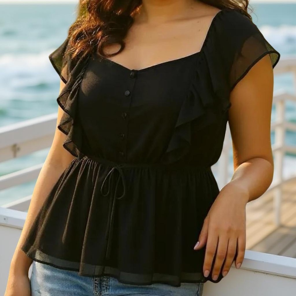 TORRID Deep Black Ruffle Cinch‎ Blouse NWT Size 2X